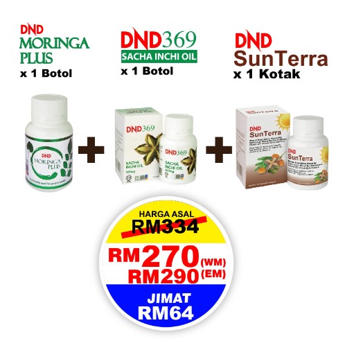 PAKEJ 3 RANGKAI: 1 BOTOL DND369 SIO SOFTGEL + 1 BOTOL DND MORINGA PLUS + 1 BOTOL DND SUNTERRA SOFTGEL