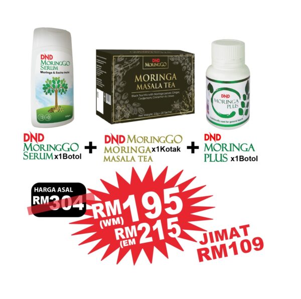 PACKAGE MORINGA: 1 BOTOL DND MORINGA PLUS + 1 BOX MORINGA TEA + 1 BOTOL MORINGA SERUM