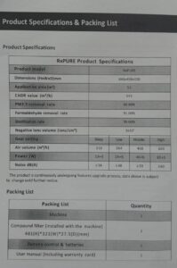 DND RXPURE PRODUCT SPECIFICATION