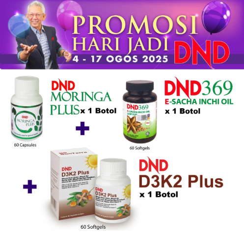 WELLNESS PACKAGE (1 BOTOL DND369 E-SIO SOFTGEL + 1 BOTOL DND MORINGA PLUS + 1 BOTOL DND D3K2 PLUS SOFTGEL)