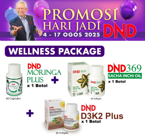 WELLNESS PACKAGE (1 BOTOL DND369 SIO SOFTGEL + 1 BOTOL DND MORINGA PLUS + 1 BOTOL DND SUNTERRA SOFTGEL)